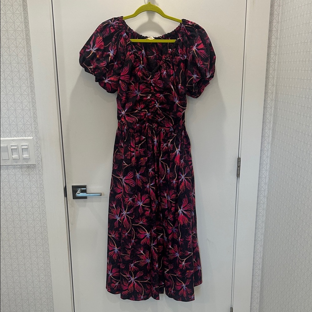 Ulla Johnson Women’s Black and Pink Floral Midi Dress With Pockets!